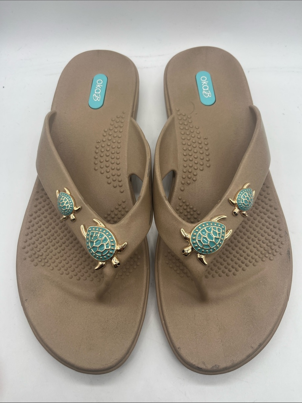 Oka B sandals 🩴 embellished with gold and turquoise turtles sz Large Tan